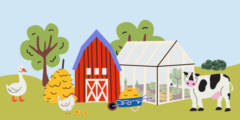 Village background with greenhouse, barn, hay, farm animals, nature. Farmland, goose, chicken, cow. Vector illustration in flat cartoon style © luamor