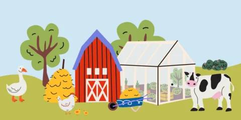 Poster Boerderij Village background with greenhouse, barn, hay, farm animals, nature. Farmland, goose, chicken, cow. Vector illustration in flat cartoon style  © luamor