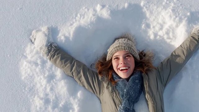 Joyful snow angel : Captured a young person experiencing the magic of winter, with a delightful snow angel in the pristine snow, radiating happiness and youthful energy