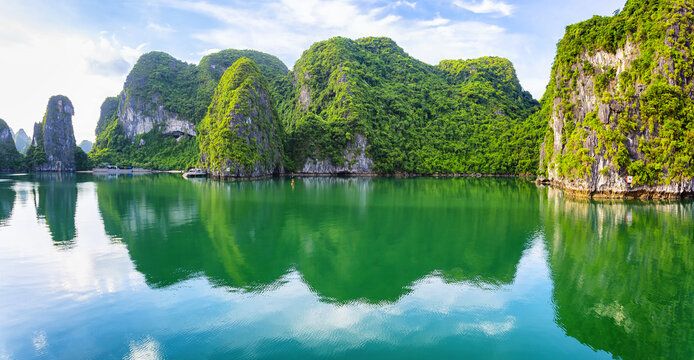 An open water view of the dramatic Ha Long Bay, Vinh Ha Long, a UNESCO World Heritage site