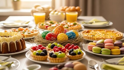 Colorful easter themed dessert table with various sweet treats