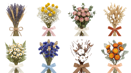 Dried flower bouquet set including lavender, billy balls, roses, cotton, and wildflowers isolated. Floral arrangement and botany collection.