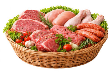 Raw meat and vegetables in a wicker basket