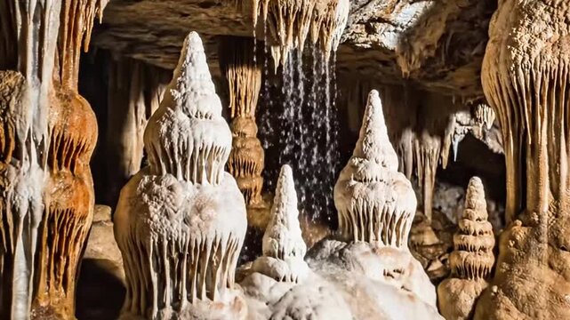 Cave stalactites grow drip by drip over millennia in accelerated view.