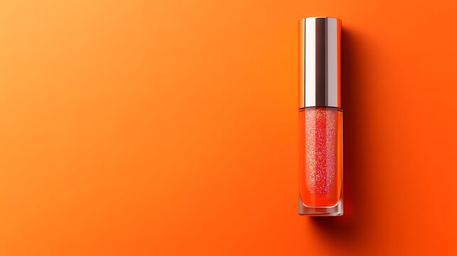 Sparkling coral lip gloss with shimmering particles in a clear glass tube capped with a sleek metallic silver lid casting a subtle shadow on a vibrant solid orange background