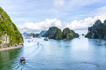 An open water view of the dramatic Ha Long Bay, Vinh Ha Long, a UNESCO World Heritage site
