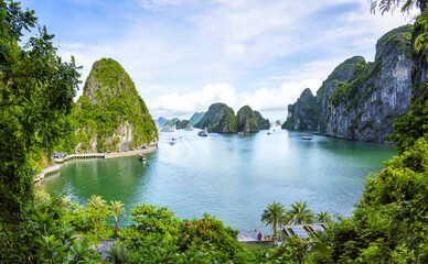 An open water view of the dramatic Ha Long Bay, Vinh Ha Long, a UNESCO World Heritage site