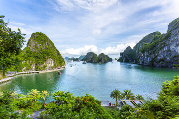 An open water view of the dramatic Ha Long Bay, Vinh Ha Long, a UNESCO World Heritage site