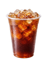 Iced cola drink in plastic cup with ice cubes