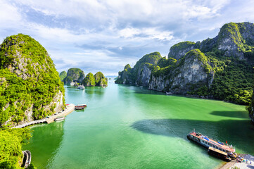 An open water view of the dramatic Ha Long Bay, Vinh Ha Long, a UNESCO World Heritage site