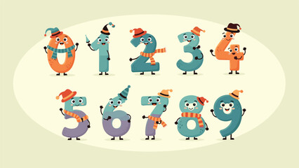 Naklejka premium Cute cartoon numbers from zero to nine wearing colorful winter hats and scarves, depicted as cheerful characters for children's educational materials.