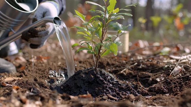 Close-up of Gloved Hands Planting a Tree Sapling and Watering in Public Park, 8K