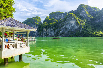 An open water view of the dramatic Ha Long Bay, Vinh Ha Long, a UNESCO World Heritage site