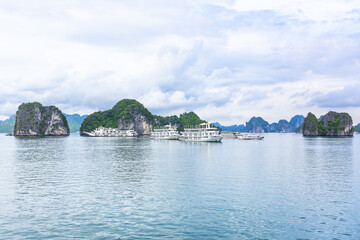 An open water view of the dramatic Ha Long Bay, Vinh Ha Long, a UNESCO World Heritage site
