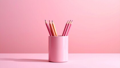 Pink Pencils in Cylindrical Holder on Monochromatic Pink Background with Soft Shadows and Minimalist Design Aesthetic
