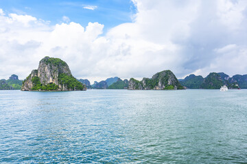 An open water view of the dramatic Ha Long Bay, Vinh Ha Long, a UNESCO World Heritage site