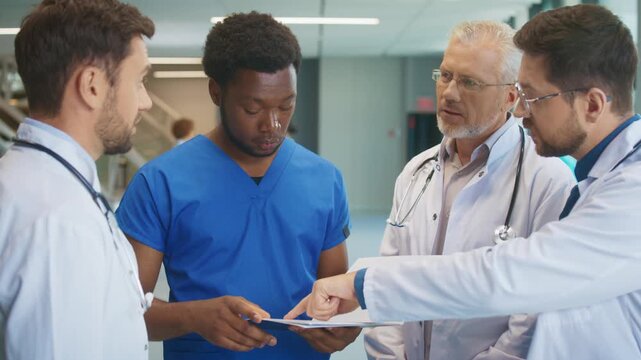 Focused clinician in blue scrubs reviewing document while doctors standing around him in hospital hall. Studying test results. Debating diagnosis and choosing treatment. Helping nurse interpretation.