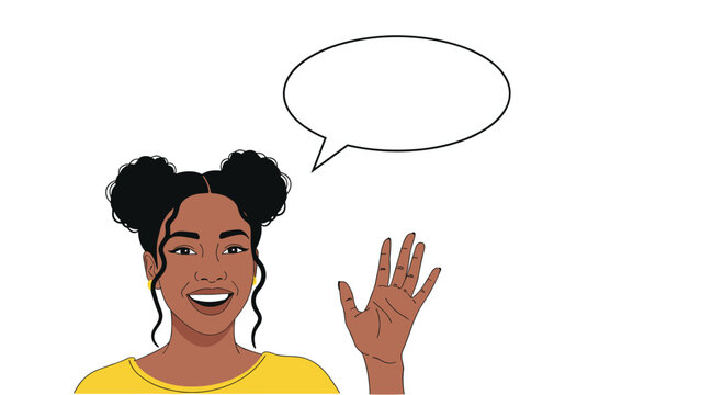 Friendly and happy young Black woman with her hair in space buns waving hello, with a blank speech bubble for custom text or dialogue.