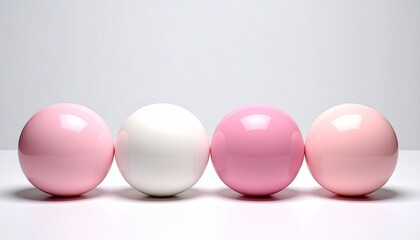 Glossy Spheres in Horizontal Gradient from Pink to Cream on White Surface with Minimalist and Symmetrical Composition