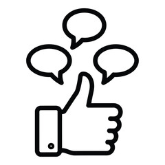 Vector icon a black line drawing of a hand with thumb up and three speech bubbles