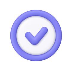 Purple check mark on purple green circle button. Business, productivity, approval, success and confirmation concept. 3d vector icon. Cartoon minimal style.