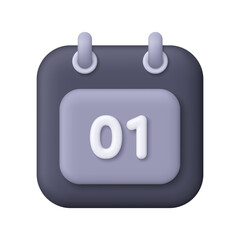 Black calendar with 1th day of the month. Time management, planning, deadline and event schedule concept. 3d vector icon. Cartoon minimal style.
