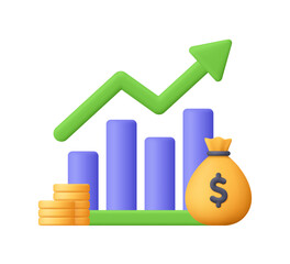 Financial growth chart with green upward arrow, coins and money bag. Finance, profit, investment, success, savings and economic growth concept. 3d vector icon. Cartoon minimal style.