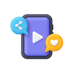 Play button on smartphone screen and speech bubbles with share and heart symbol. Multimedia, social media, video content, streaming and entertainment concept. 3d vector icon. Cartoon minimal style.