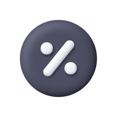 White percent symbol on black circle button. Percentage, discount, sale, promotion, financial calculation concept. 3d vector icon. Cartoon minimal style.