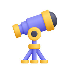 Purple yellow telescope. Science, astronomy, exploration and education concept. 3d vector icon. Cartoon minimal style.