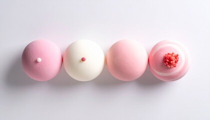 Glossy Spheres in Horizontal Gradient from Pink to Cream on White Surface with Minimalist and Symmetrical Composition