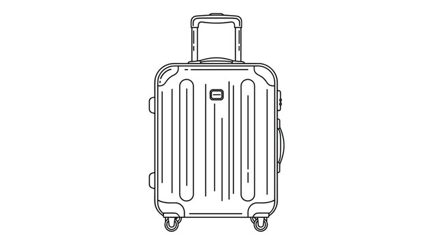 Detailed line art illustration of a modern hard-shell suitcase with four wheels and a retractable handle, perfect for travel and vacation designs.
