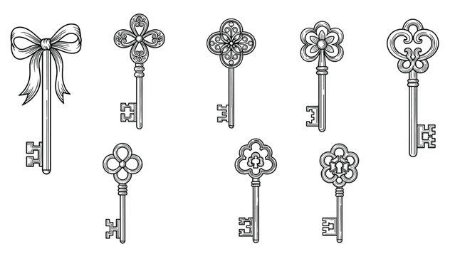 Set of nine vintage skeleton keys with ornate and decorative tops, including floral designs and a bow, drawn in a detailed engraving style.