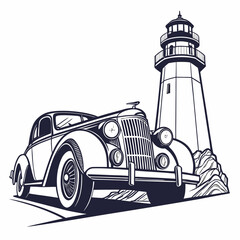 Vintage car by a lighthouse