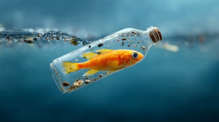 Goldfish inside a clear plastic bottle floating in the ocean, surrounded by marine debris, with copy space on one side for text or graphics