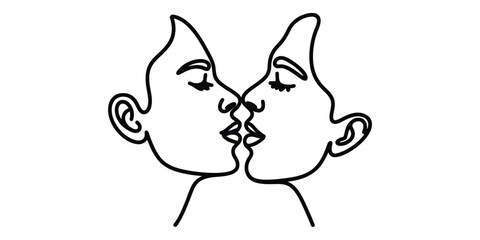 Fototapeta premium Two minimalist faces in black and white line art sharing an intimate kiss