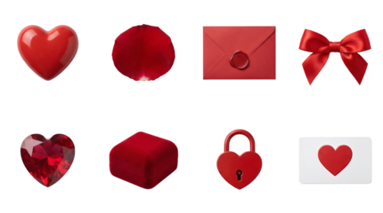 Red romantic objects set including heart, rose petal, wax sealed envelope, bow, gemstone, jewelry box, padlock, and card isolated. Valentines day and wedding celebration collection.