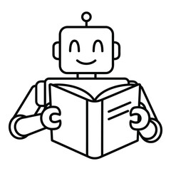Vector icon a black line drawing of a robot with a smiley face reading a book