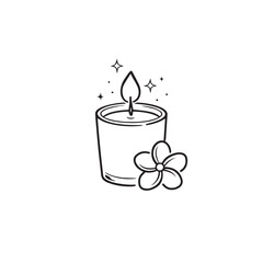 Minimal Candle with Flower Line Art. Hand Drawn Black and White Relax Icon