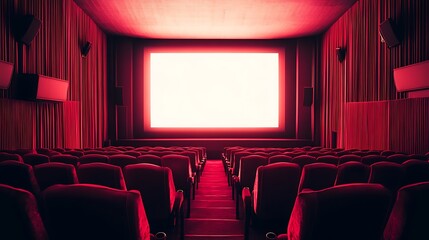 Fototapeta premium Empty cinema theater with red seats and screen for film presentation