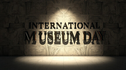 Striking 3D Typography: "International Museum Day" message elegantly displayed on a textured stone wall with dramatic lighting.