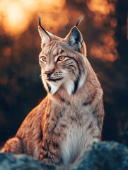 Obraz premium A majestic European lynx with tufted ears and beautiful spotted fur sits gracefully on a rocky outcrop during a golden hour sunset, looking alertly into the distance in its natural wild forest habitat
