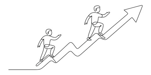 Fototapeta premium Continuous line drawing of two individuals scaling an upward arrow, symbolizing growth and overcoming business challenges