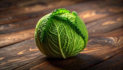 Vibrant Green Cabbage Head Resting on Rustic Dark Wood Surface