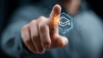 Finger pointing at a glowing digital graduation cap icon education learning
