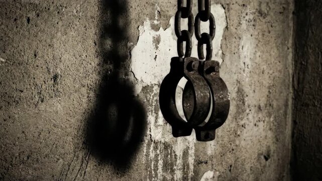 Vintage shackles and chains hanging on a distressed concrete wall, a symbol of past oppression, a stark representation of restraint