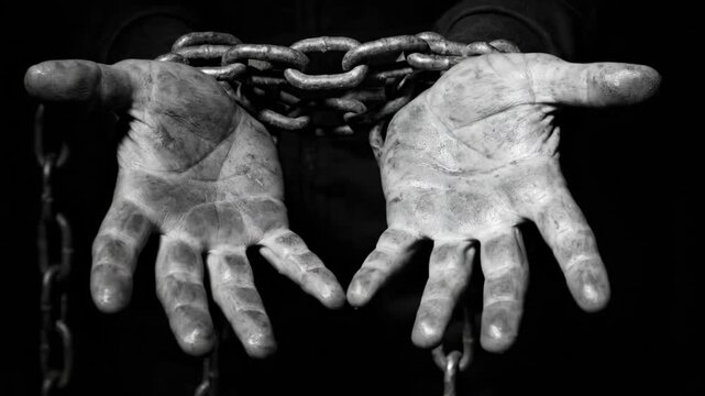 Chains binding hands, symbol of freedom and overcoming adversity, close-up of manacled hands