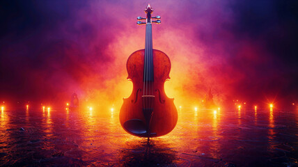 Violin standing on a reflective surface surrounded by glowing fire and dramatic smoke