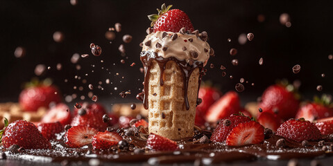 Waffle cone with ice cream, chocolate sauce, fresh strawberries, and falling chocolate chips