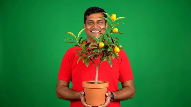 Middle-aged man in red polo with kumquat tree for Chinese New Year 2026